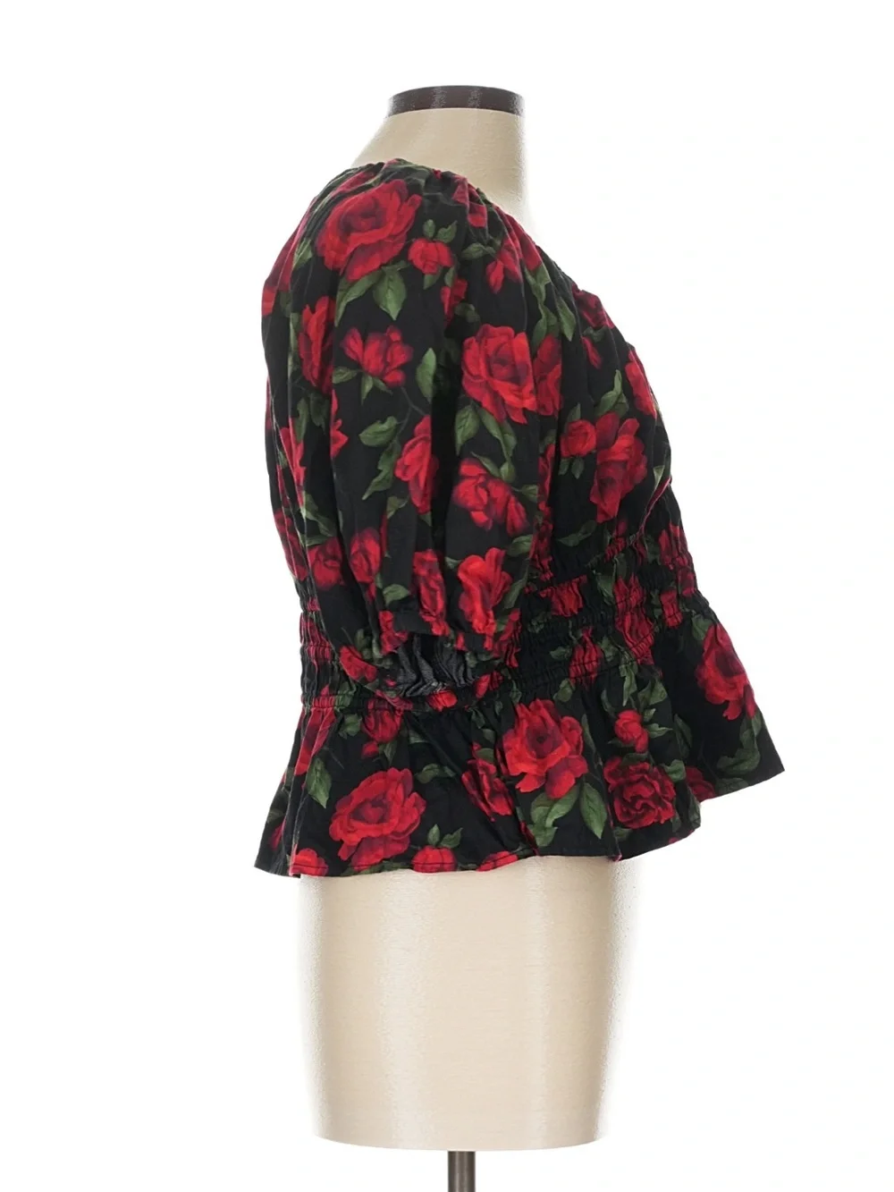 Old Navy Black Peplum Blouse with Red Rose Print